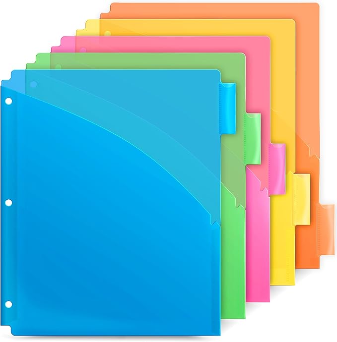 Dunwell 5-Tab Binder Pocket Dividers, Plastic Dividers with Two Pockets for 3-Ring Binder, Multicolor, Fits 8.5x11 Letter Size Documents, Insertable Tabs, 5 Subject Notebook Divider 3 Hole Punched