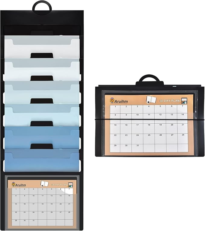 Wall File Organizer 6 Pocket, Hanging Wall File Organiser for Classrooms and Offices, 6 Removable Poly Hanging File Folders Black/Blue
