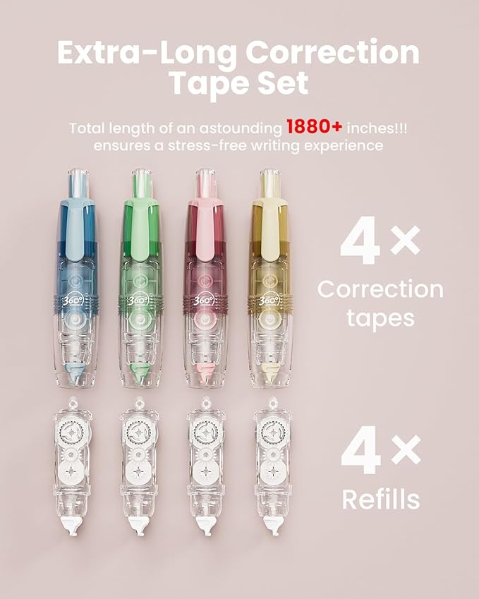 Four Candies 4PCS Refillable Retractable White Correction Tape, Colorful Aesthetic Pen Shaped Quick Dry Smooth Instant Applicator with 4 Extra Refills for Students School Office Supplies
