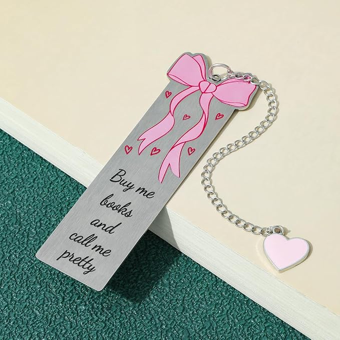 ZhuoXing Pink Bowknot Stainless Steel Bookmark - Cute Bowknot Patterns & Heart Pendants, Ideal for Female Readers, Set of 5