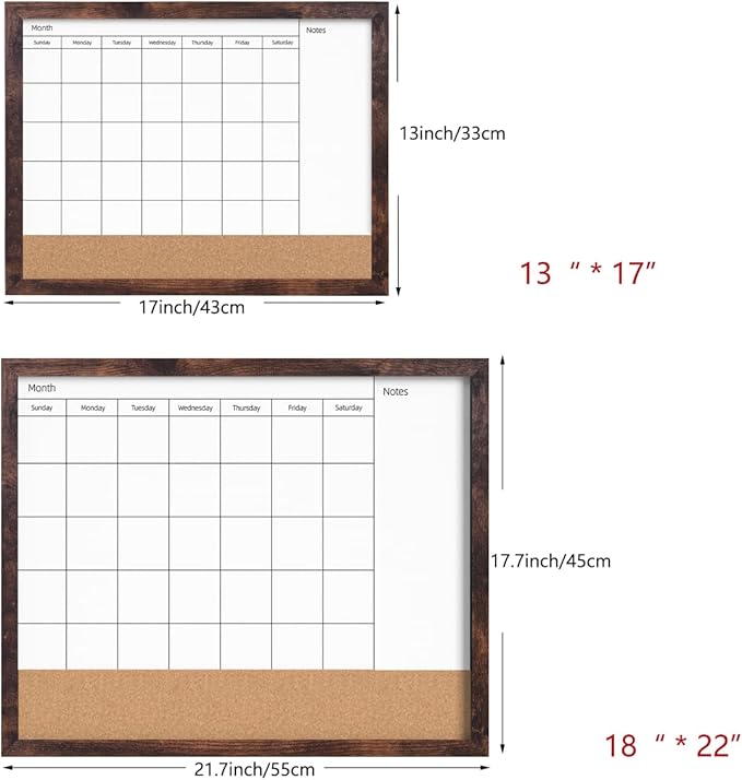 Monthly Calendar Dry Erase White Board & Cork Bulletin Board，13" x 17" Brown Wood Frame，Magnetic Surface Whiteboard.Perfect for Organizing Your Space.Whiteboard+Cork-3343B-BN