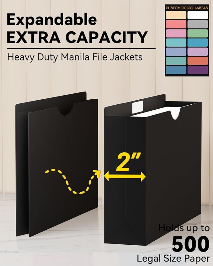 ANSOOK Poly File Jackets & File Pockets,Heavy Duty 2" Expanding File Jacket Folders,Legal Size Manila File Folders,12 Pack Poly Manila File Jackets,Straight Cut Tab,Black Job Folder for Office