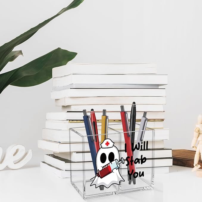 I Will Stab You Acrylic Cosmetic Pencil Pen Holder Funny Nurse Pen Holder Cup Cute Ghost Gifts for Nursing Graduation Women Girl Decor for Medical Office Desk Accessories