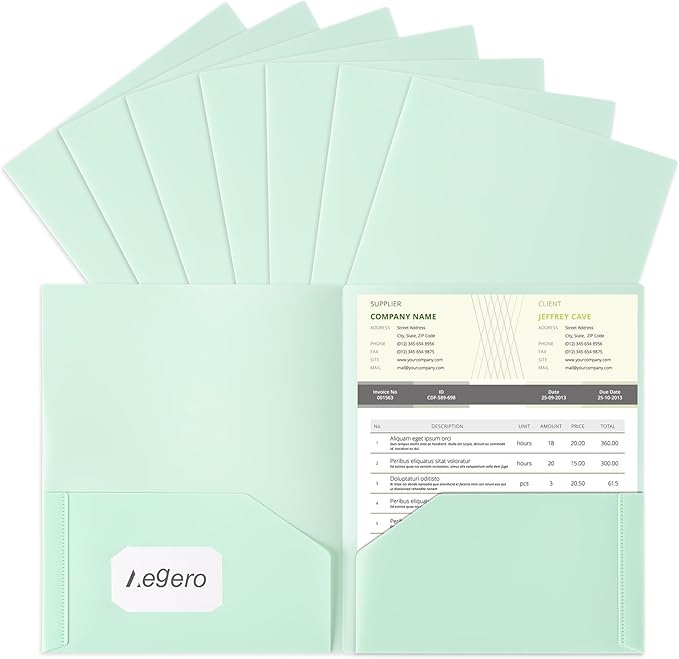 Aegero Plastic Folders with Pockets (7 Pack, Light Green), Durable Heavy Duty File Folders with Business Card Slot, 2-Pocket Folder for Schoolwork & Office,Letter Size