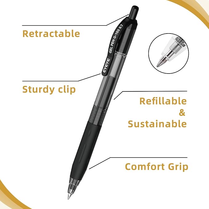 EYEYE G-103 Black Gel Pens 0.7mm, 5 Black 3 Blue 2 Red Retractable Medium Point Ballpoint Pen Quick Drying, Pen Fine Point Smooth Writing Pens for Office School Supplies
