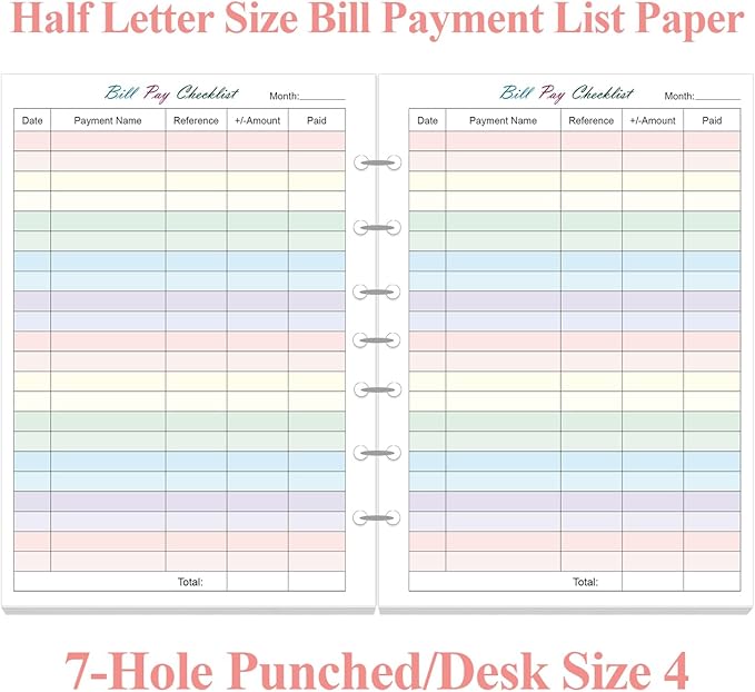 Payment Checklist Refills Paper for Mini 3 or 7 Ring Binders - 50 Sheets/100 Pages Colorful Monthly Budget Forms, 7 Hole Punched/Desk Size 4, 100 gsm White Paper, 5.8" x 8.3"