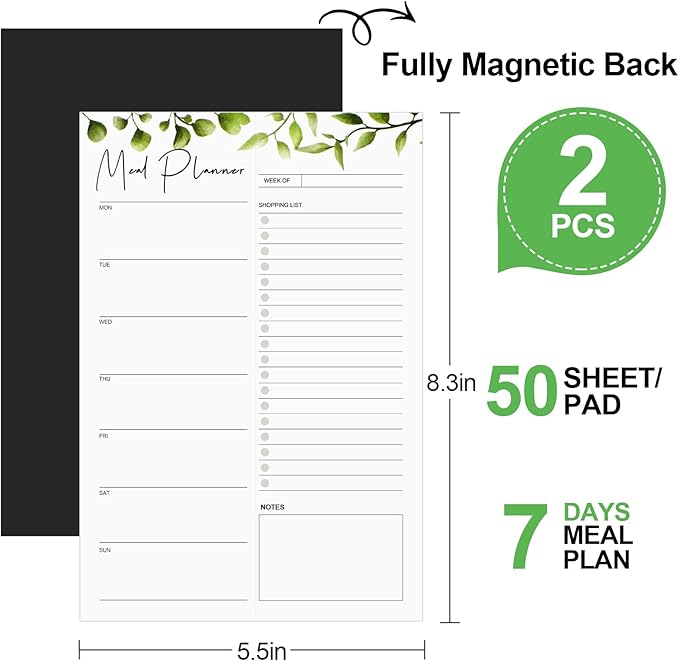 Joyberg 2 PCS Weekly Meal Planner Magnetic for Fridge 8.3x5.5”, Undated Meal Planner and Grocery List Tearable Shopping List, Magnetic Menu Planner for Fridge for Weekly Plan - 50 Pages/Book