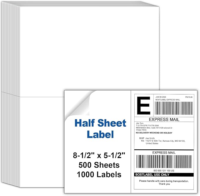 8.5"x5.5" Half Sheet Shipping Labels for Laser & Inkjet Printers, 500 Sheets 1000 Pcs Half Page Labels, Self Adhesive Mailing Address Stickers