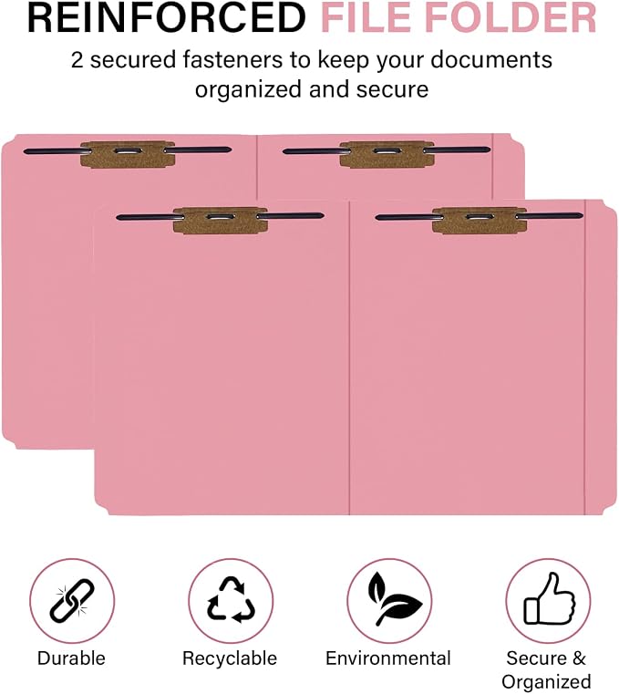 Top Tab File Folder, Pink, 2 Fasteners (2B1&3), 11 Point Reinforced Straight-Cut Tab, Letter Size, 50/Box