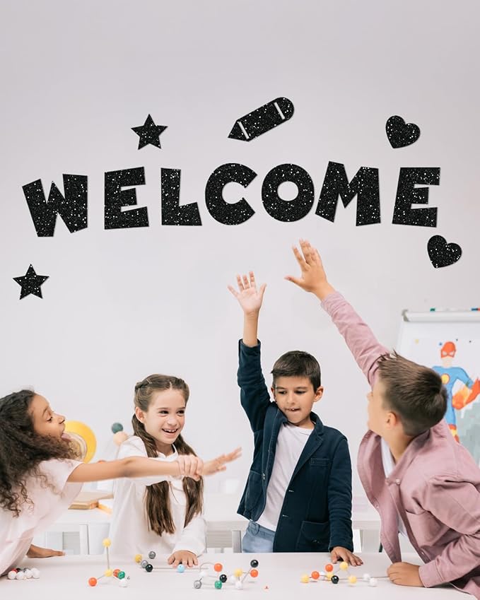 243 Pcs Glitter Bulletin Board Letters Set, 4 Inch Alphabet Poster Board Cardboard Cutouts with Numbers and Punctuation, Classroom School Wall Display Decorations (Black)