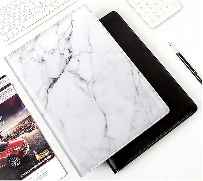 Marble Portfolio Case, WAVEYU Padfolio Cover Folder for Men, Conference/Resume/Legal Document Organizer with Letter/A4 Size Clipboard Hardboard, Business Card Holders, Document Sleeve, White Marble
