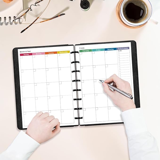 Junior Size Monthly Planner Refills - 53 Sheets/106 Pages Undated Colorful Monthly Planner, 8-Disc Discbound, 100 gsm White Paper, Lasts 2 Year, Undated, 5.8" x 8.3"