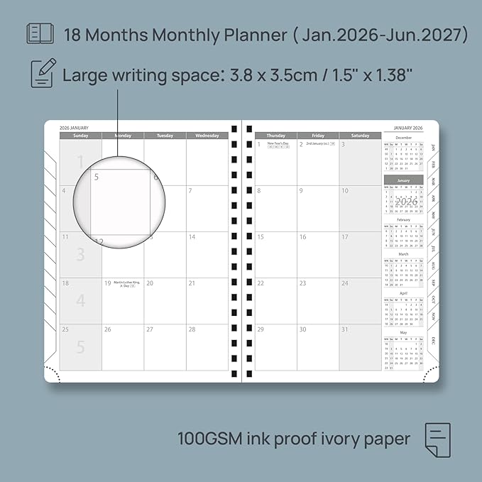 POPRUN Monthly Planner 2026-2027 (Medium 6.5" x 8.5") 18 Months Calendar (Jan 2026 - Jun 2027) - 4 Pages per Month with Expense & Notes, Stair-like tabs, Leather Cover, Sunday Starts - Pink