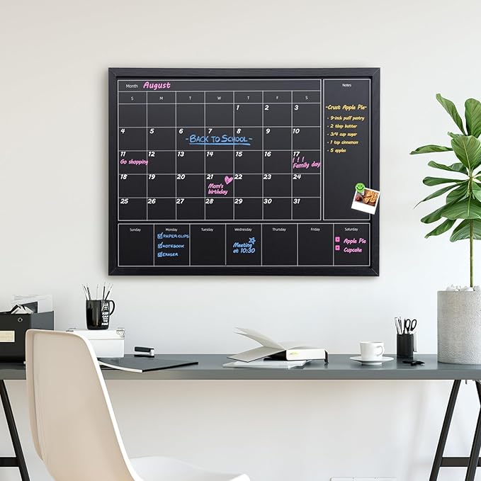 3-in-1 Chalkboard Calendar for Wall, Magnetic Monthly & Weekly Calendar, 31.5x23.6 inches Blackboard for Wall with Black Wood Frame, Hanging Chalkboard for Decor/Memo(YL+ZL-HB-BK,6080)