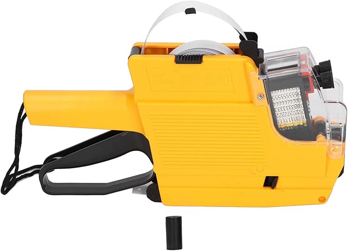 Price Tag Gun, 10 Digits 2 Lines Labeler Marker Attacher Tool for Office Retail Store 2 Row Price Tag Gun Kit with Label Stickers and Ink Rolls (Yellow)