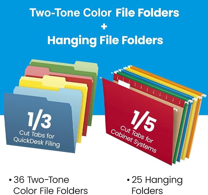 Pendaflex Recycled Hanging File Folders (25 Folders) & Two-Tone Color File Folders (36 Folders) - Assorted Color File Folders Letter Size - Perfect for Filing Cabinet, Desk & Home Office (Pack of 2)