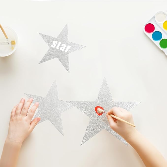 60 Pcs Glitter Star Cutouts Paper Double Printed Paper Star Decorations, 6 Inch Stars Decoration for Wedding Party Bulletin Board Classroom Decoration Supply (Silver)