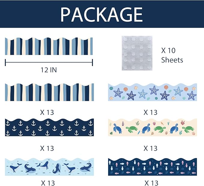 75Ft Ocean Bulletin Board Borders Summer Sea Themed Scalloped Trim Turtle Whale Fish Bulletin Borders Back to School Boho Classroom Home Office Chalkboard Wall Door Decorations for Summer Beach Pool