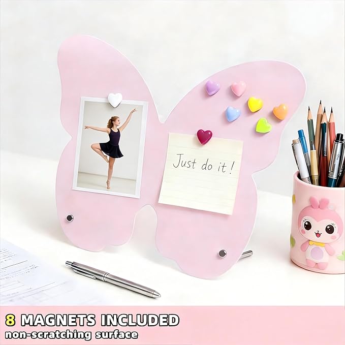 2 Pcs Magnetic Board, Magnet Message Board, 10.6"x8.2" Metal Magnetic Bulletin Board with 50 memo Sheets and 8 Magnets, Magnet Display for Home, School, Kitchen, Office(Butterfly, Pink)
