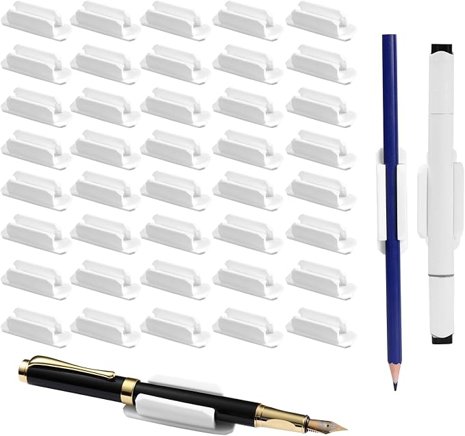 VZZNN 40 Pack Adhesive Pencil Holders for Desk - Reusable Silicone Pen Grips for Desk Organization, Wall, Clipboard, Office & Teacher Supplies with Strong Sticky Pads (White)
