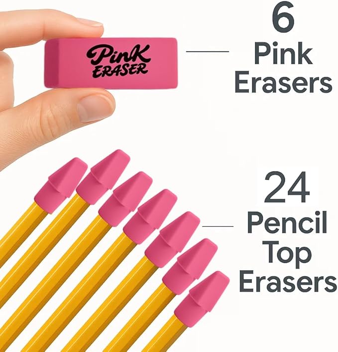 30 Pcs Pink Eraser Bulk Set – 6 Block Erasers and 24 Pencil Top Erasers, Smudge-Free, School Supplies for Students, Teachers, Drawing, Office, Homework Use (Pink)