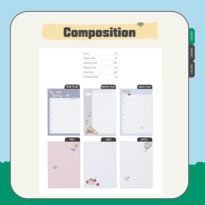 Kawaii Mini Korean Weekly Undated Planner + 1 dalgaru sticker sheet - 128 pages, Soft PVC Cover Cute Small stationery for school, academic, teens, women, girls (Cookies n Cream (Gray))