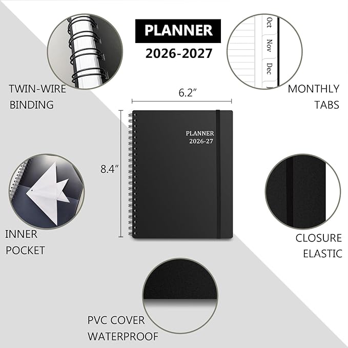 Tiankool Planner 2026-2027 - Jan 2026-Jun 2027 Weekly Monthly Planner with 18 Monthly Tabs, Elastic Closure, Inner Pocket, Round Corner,5.8" x 8.25"- Black