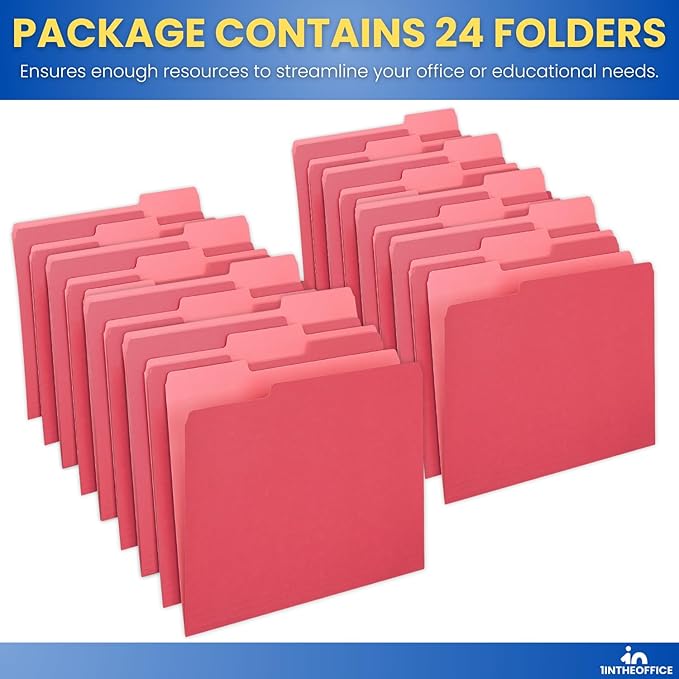 1InTheOffice Red File Folders Letter Size, File Folders with Tabs, Filling Folders, 1/3 Cut Tab, 24/Pack