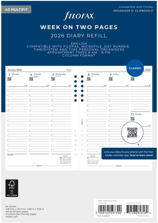 Filofax Calendar Diary Refill, A5 Size, Week-to-View with Appointments, Vertical, Multi-Fit, White Paper, English, 2026 (C68521M-26)
