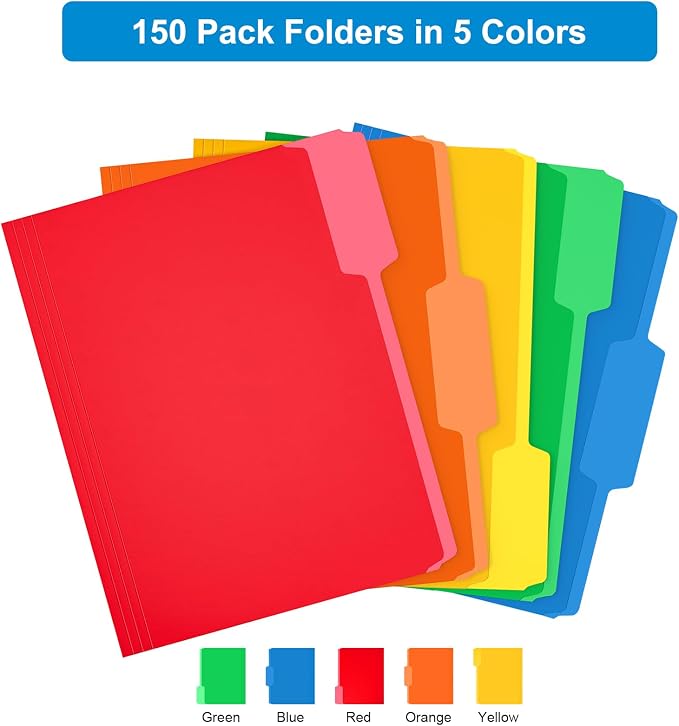 HABGP 150 Pack Manilla Folders 8.5 x 11 Inch, 1/3-Cut Tab Colored File Folders Letter Size, Paper File Folders, Manila Folders Home Office School Supplies for Documents Files, Assorted 5 Colors