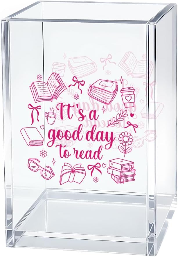 It's A Good Day To Read Acrylic Pen Holder Cosmetic Organizer, Funny Book Pen Pencil Holders for Desk, Literary Gifts for Book Club, Bookish Gifts for Librarian, Bookmark Holder for Bookshelf