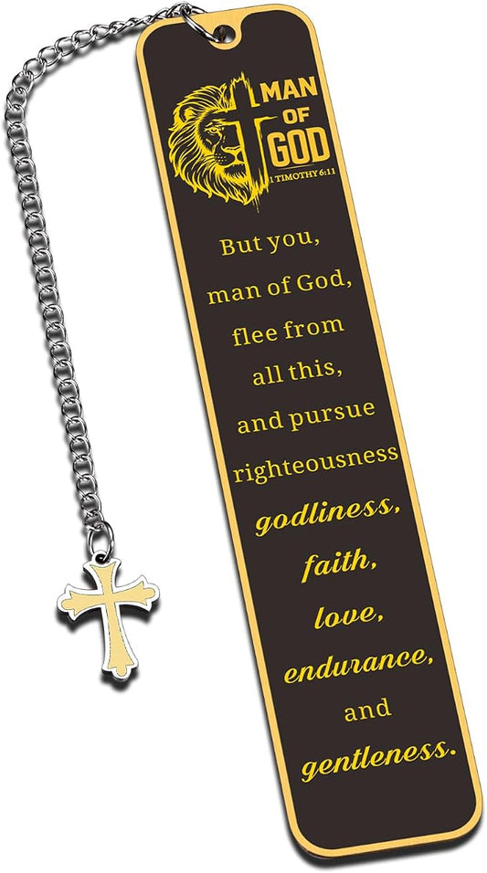 Christian Bookmark Man of God, Inspirational Lion Bible Verse Bookmark with Cross Pendant