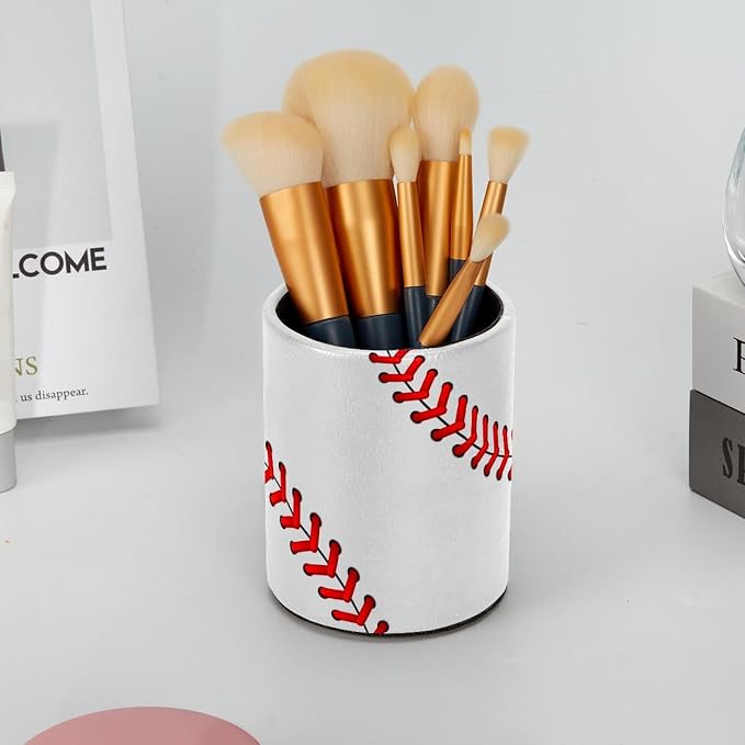 Baseball Laces Pen Holder Pencil Organizer Cute Pencil Cup Desk Decor Makeup Brush Holder PU Multifunctional Office Supplies for Home Classroom School