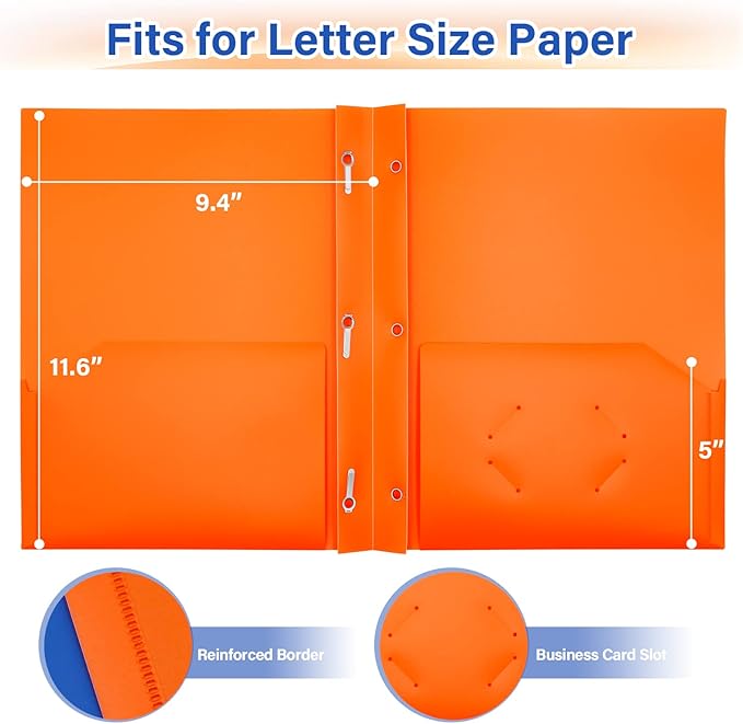 ViVin 12 Pack Plastic Folders with Pockets and Prongs, Heavy Duty 2 Pocket Folders with 3-Prong Fasteners, Poly File Holds 8-1/2" x 11" Paper for School Office Home (Orange)