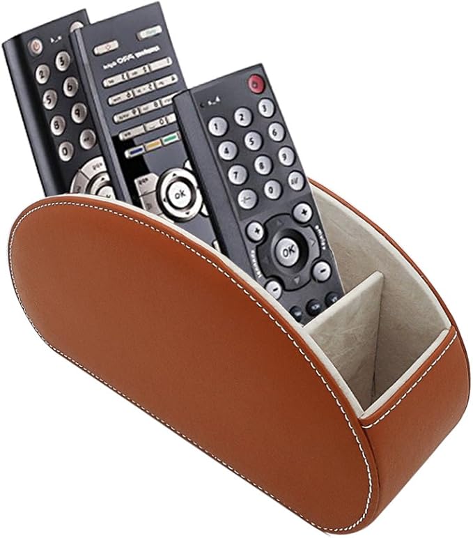 Remote Control Holder Organizer - Table Desk Leather Storage with 5 Spacious Compartments (Brown)