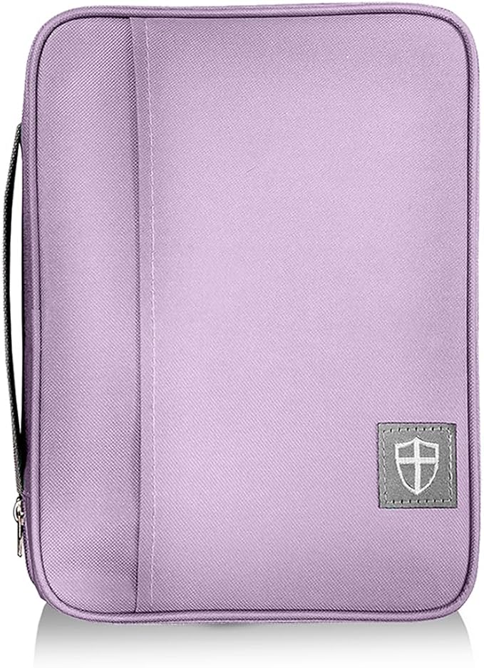 Armor of God Bible Cover & Book Cover | Oxford Cloth with Handle & Cross Emblem Zipper-Pull | 4 Pen Loops Inside Cover | Outside Pocket | Black & Lavender | Large & XL