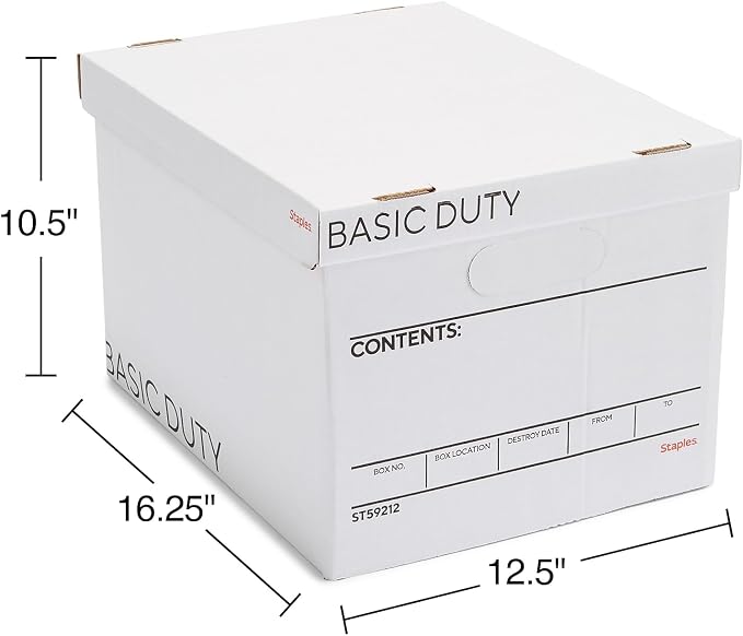 STAPLES Storage & Filing Box, Basic-Duty with Handles & Removeable Lid, Letter & Legal Size Documents, Stackable, 20-Pack, White/Black