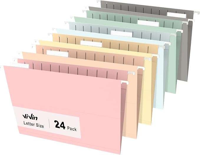 ViVin Hanging File Folders 24 Pack,Letter Size with 1/5-Cut Adjustable Tabs, Assorted Colors, Reinforced File Organizer for Office Desk, Home Filing Cabinet & School Drawer