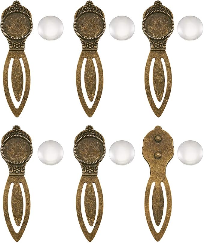 FASHEWELRY 5 Sets Antique Bronze Bookmark Pendant Tray Kit Include 18mm Round Blank Bezel Base Setting Charms with 10Pcs Clear Glass Dome Tiles Cabochons