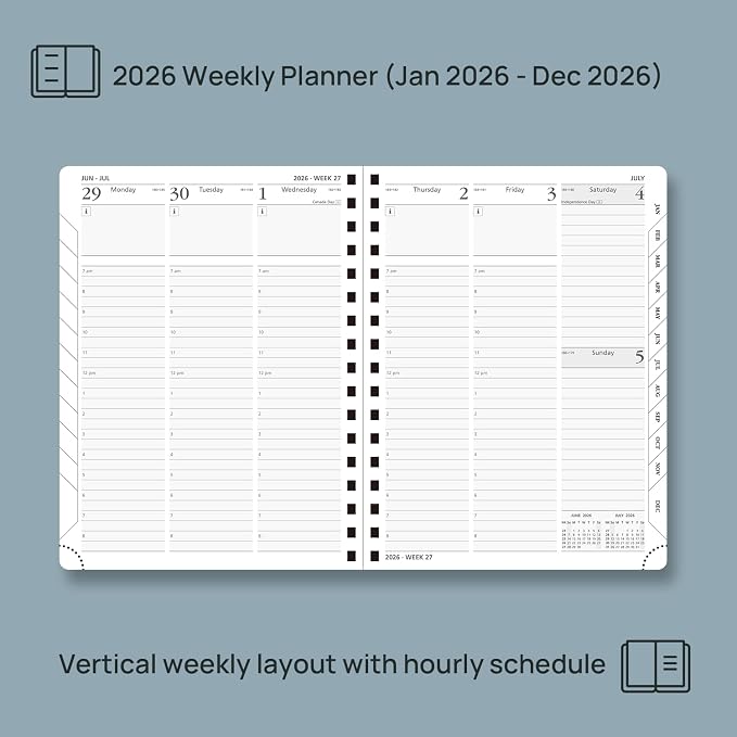 POPRUN 2026 Planner (Medium - 6.5'' x 8.5'') with Hourly Schedule & Vertical Layout - 2026 Weekly Calendar (Jan. 2026 - Dec.2026) for Time Management, Monthly Tabs, Spiral Bound, Soft Cover - Pink