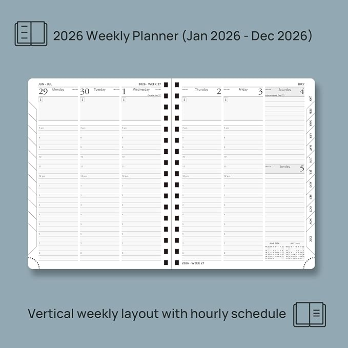 POPRUN 2026 Planner (Medium - 6.5'' x 8.5'') with Hourly Schedule & Vertical Layout - 2026 Weekly Calendar (Jan. 2026 - Dec.2026) for Time Management, Monthly Tabs, Spiral Bound, Soft Cover - Black