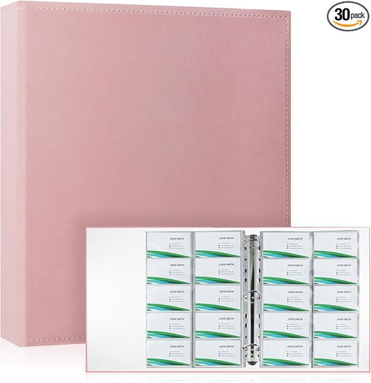 BYSTER A4 Business Card Organizer, PU Leather Card Binder with 30 Pack Sleeves (600 Pockets), Business Card Holder Book for Credit Cards, Membership Cards, and More - Pink