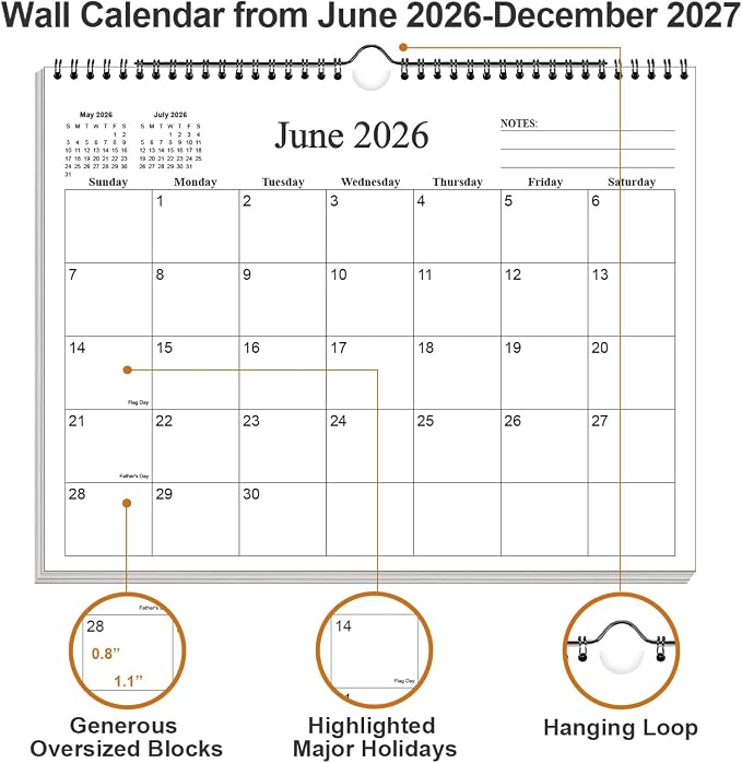 Small Wall Calendar 2026-2027 - Mini Calendar 2026-2027 from June 2026 - December 2027, 19 Months Little Calendar with Premium Paper, 6" x 8", Black