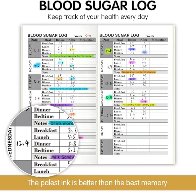 Pocket Planner Notebook, Blood Sugar Log Planner Refills, 30Sheets, 8.25x4.25inches Regular TN Journal Notebooks for Easy Daily Health Monitoring