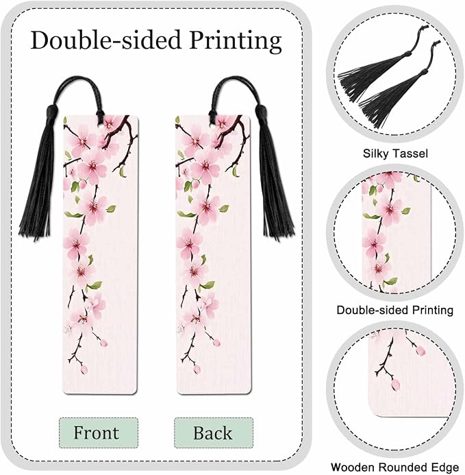 Cherry Blossom Bookmarks 5 Pcs with Tassels Pink Flowers Branch Romantic Spring Wooden Bookmarks for Reading Women Students Teacher Reader