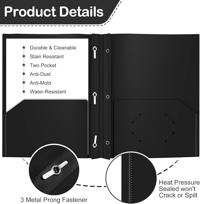 ViVin 12 Pack Plastic Folders with Pockets and Prongs, Heavy Duty 2 Pocket Folders with 3-Prong Fasteners, Poly File Holds 8-1/2" x 11" Paper for School Office Home (Black)
