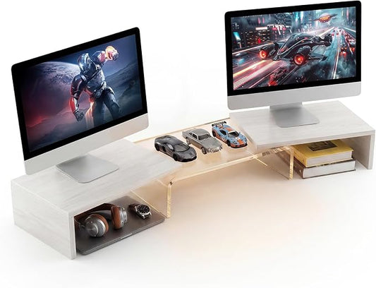 Dual Monitor Riser, Acrylic Monitor Riser, Adjustable Angle & Length Computer Monitor Stand, Wide Desk Shelf for Top of Desk for Home Office_White Maple Look Small