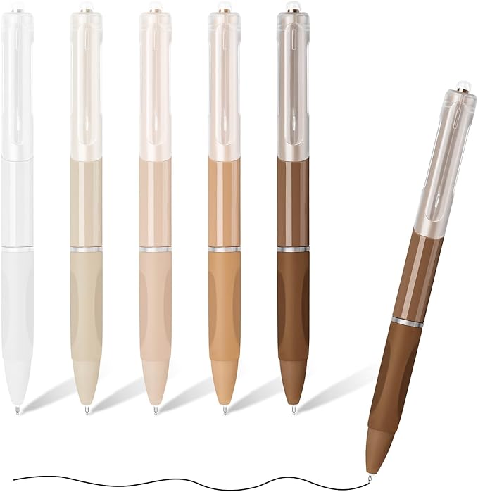 Temiary 5 Pcs Retractable Gel Pens, 0.5 mm Black Ink Fine Point Quick Dry Gel Ink Pen, Aesthetic Smooth Writing for School Office Journaling Note Taking and Sketching (Coffee)