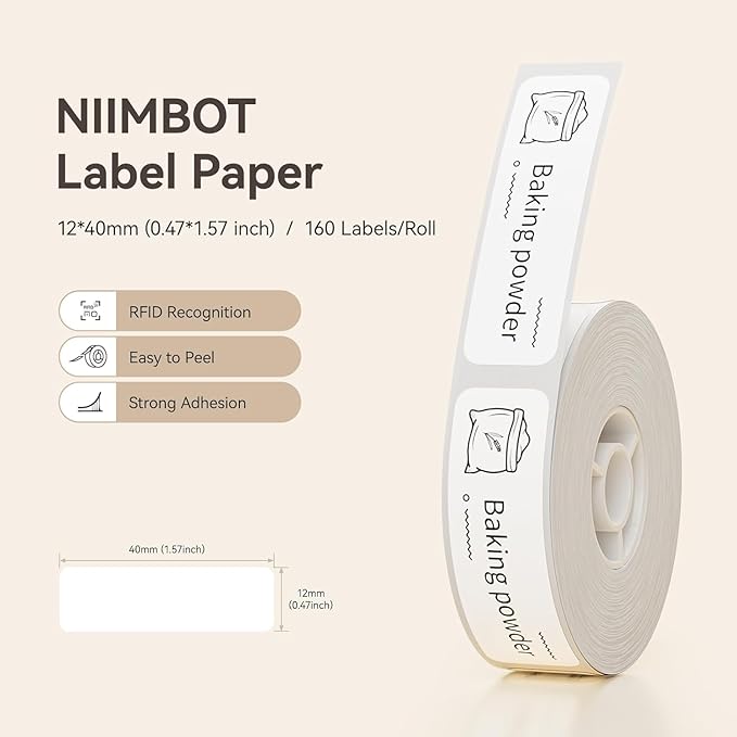 NIIMBOT D11 Label Maker Tape D110 Labels 3Rolls, Self-Adhesive Labeling Tape Replacement 0.47" X 1.57" (12 X 40mm) Thermal Label Refills for Home Office, 480 Labels/3Rolls, White