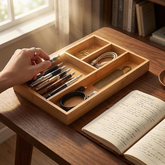Ifaucet Desk Drawer Organizer Tray, Office Drawer Organizer, Bamboo Desk Organizers and Accessories,Drawer Organizer Office Supplies, Cubicle Accessories, 4 Compartments, Desk Accessories (Small)